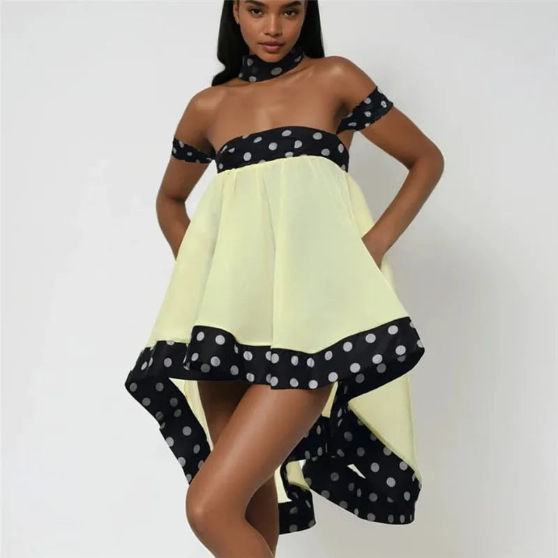 Polka Dot Patchwork Dress With Ruffled Hem Slash Neck Sleeveless Backless Chic Bodycon