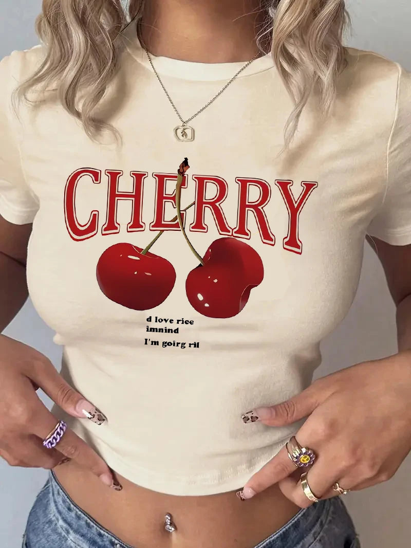 Cherry Print Crop Tee With Crew Neck Short Sleeves Slim