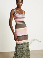 Boho Knitted Zigzag Maxi Dress For Women Sleeveless High Elasticity Long Festival Style