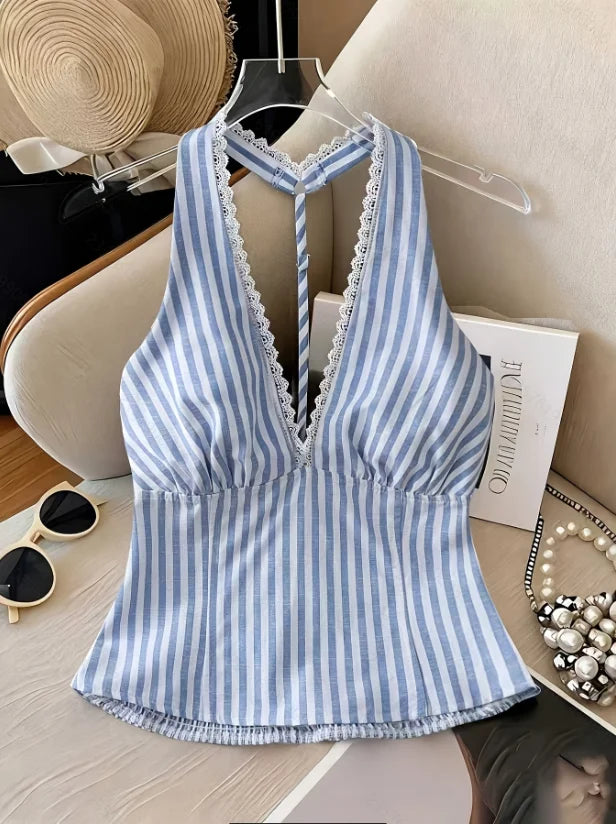 Women Halter Backless Striped Blouse Top Sleeveless