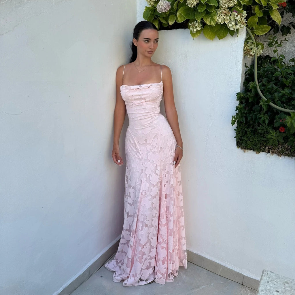 Romantic Floral Jacquard Maxi Dress With Spaghetti Straps Ruched