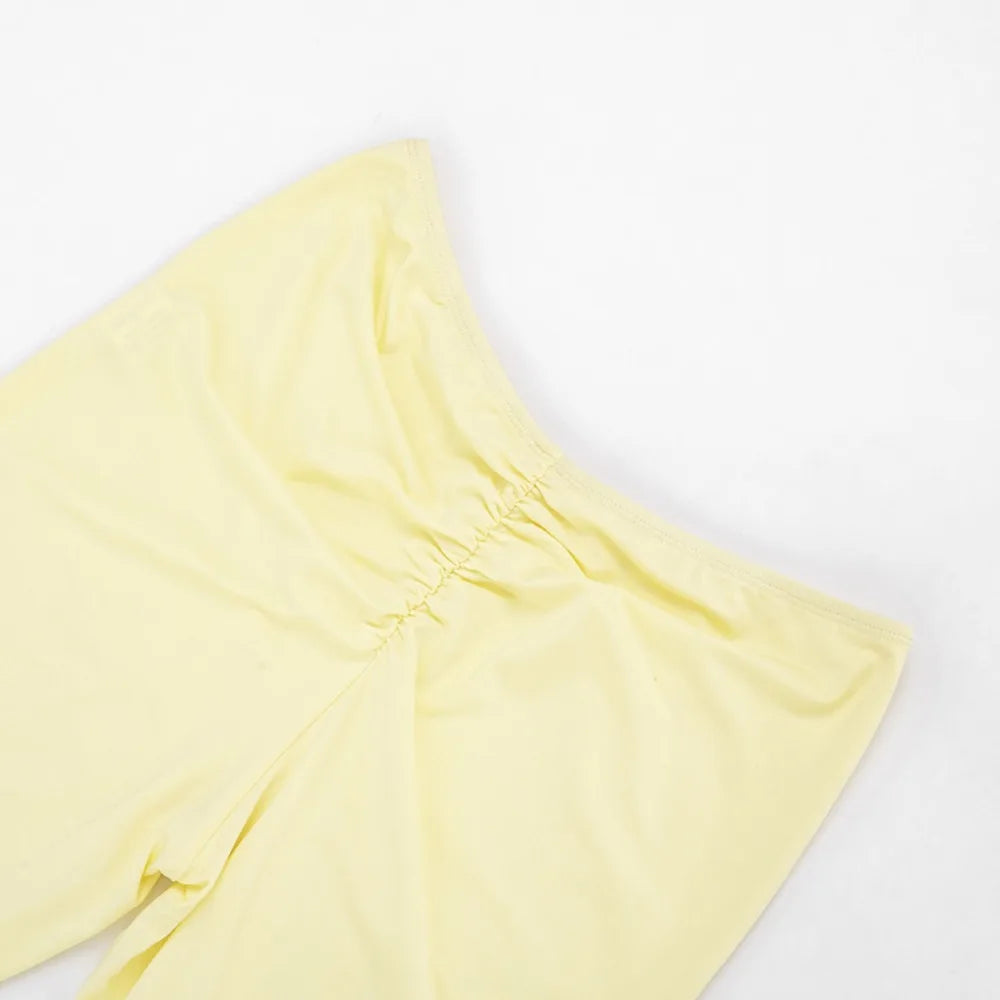 Two Piece Solid Color Set With Deep V Neck Ruched Crop Top And Capri Pants