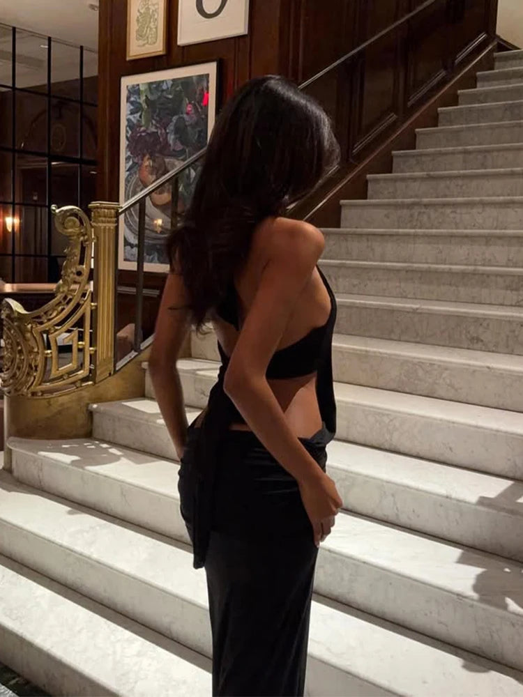 Halter Maxi Dress Backless Bodycon Party Gown With Deep V Neck Sleeveless Evening Glam