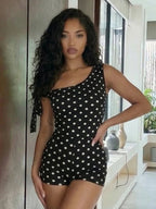 Polka Dot Playsuit With Tassel Details Sleeveless Low-Neck