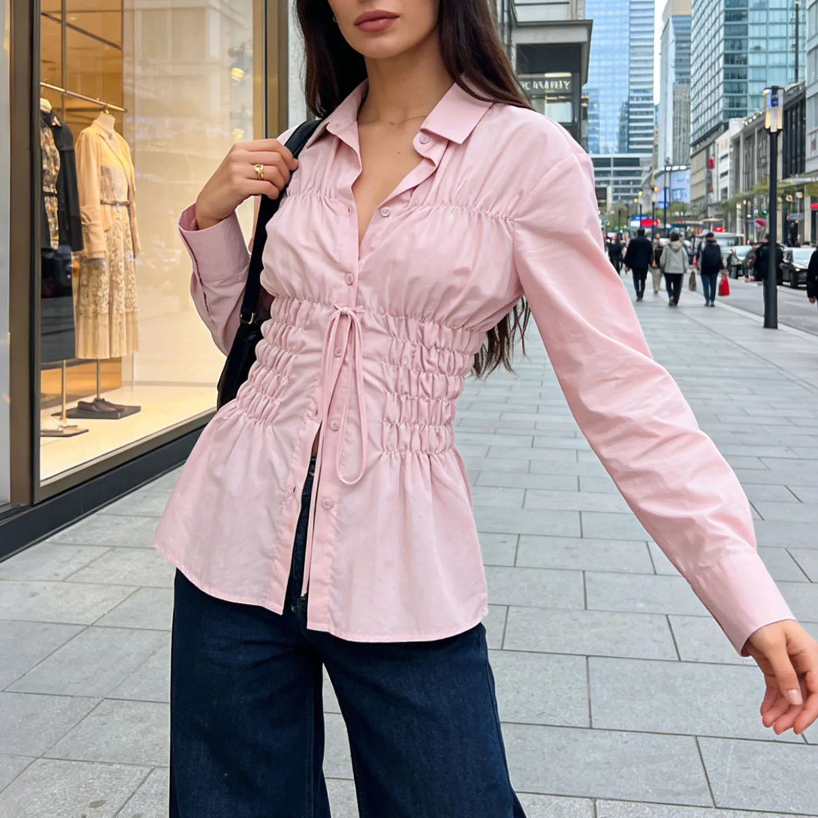 Smocked Long Sleeve Solid Color Collared Button Up Shirts