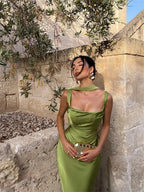 Elegant Satin Backless Halter Off-Shoulder Maxi Dress