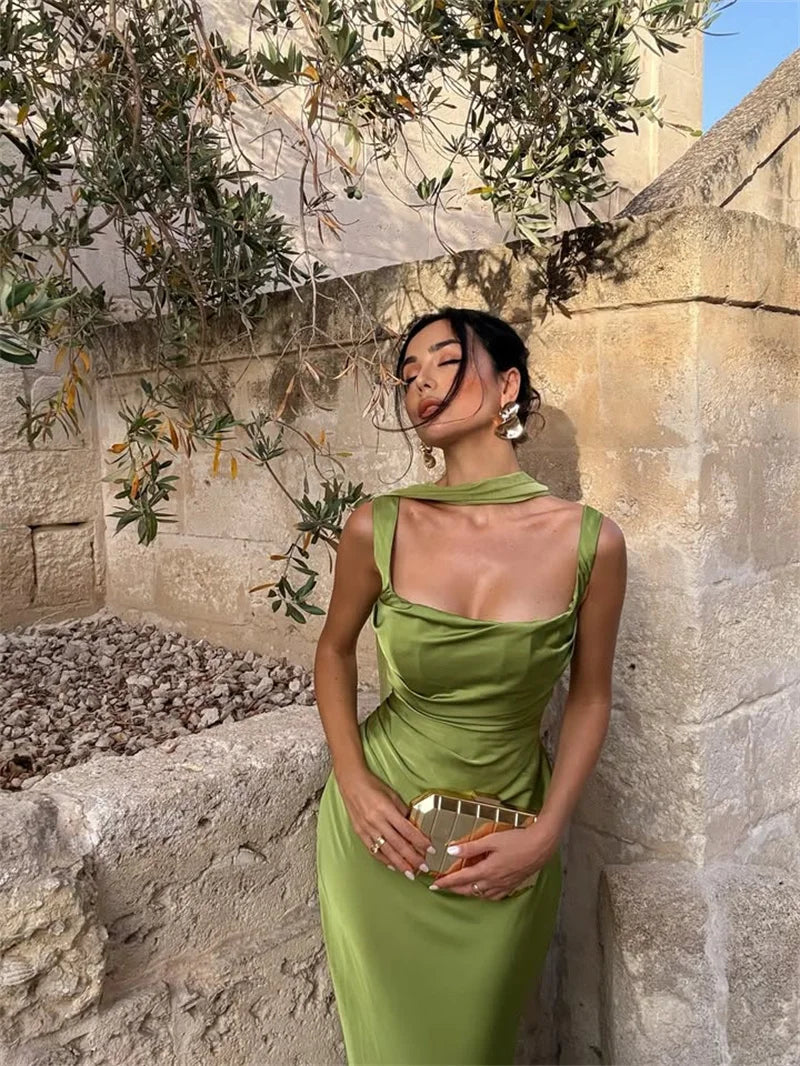 Elegant Satin Backless Halter Off-Shoulder Maxi Dress