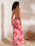 Ladies Off Shoulder Mermaid Dress With Pink Floral Print Sleeveless Ankle Length