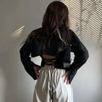 Backless Bandage Blouse With Turn Down Collar And Delicate Lace Up Details