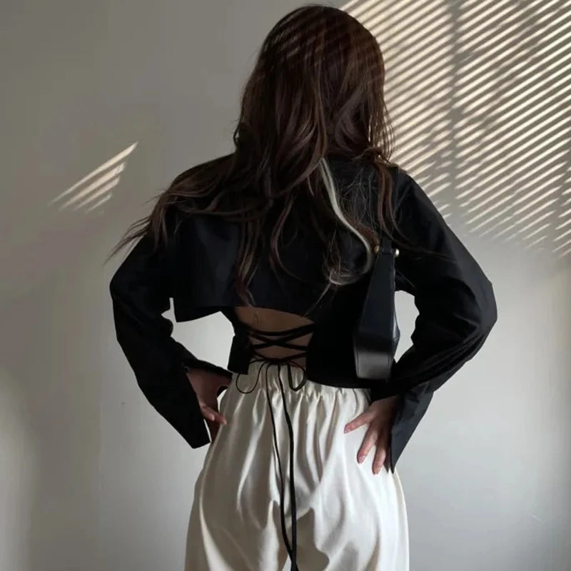Backless Bandage Blouse With Turn Down Collar And Delicate Lace Up Details