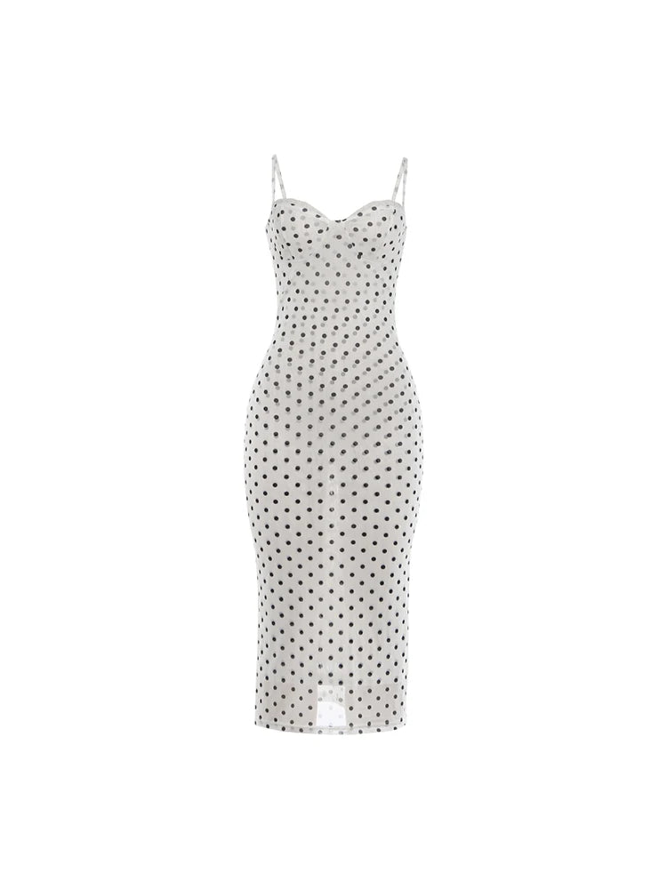 Polka Dot Sling Dress With Backless V Neck Sleek Sheath