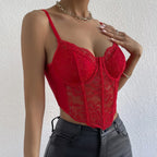 Red Lace Underwire Corset Crop Top Backless V Neck Elegance