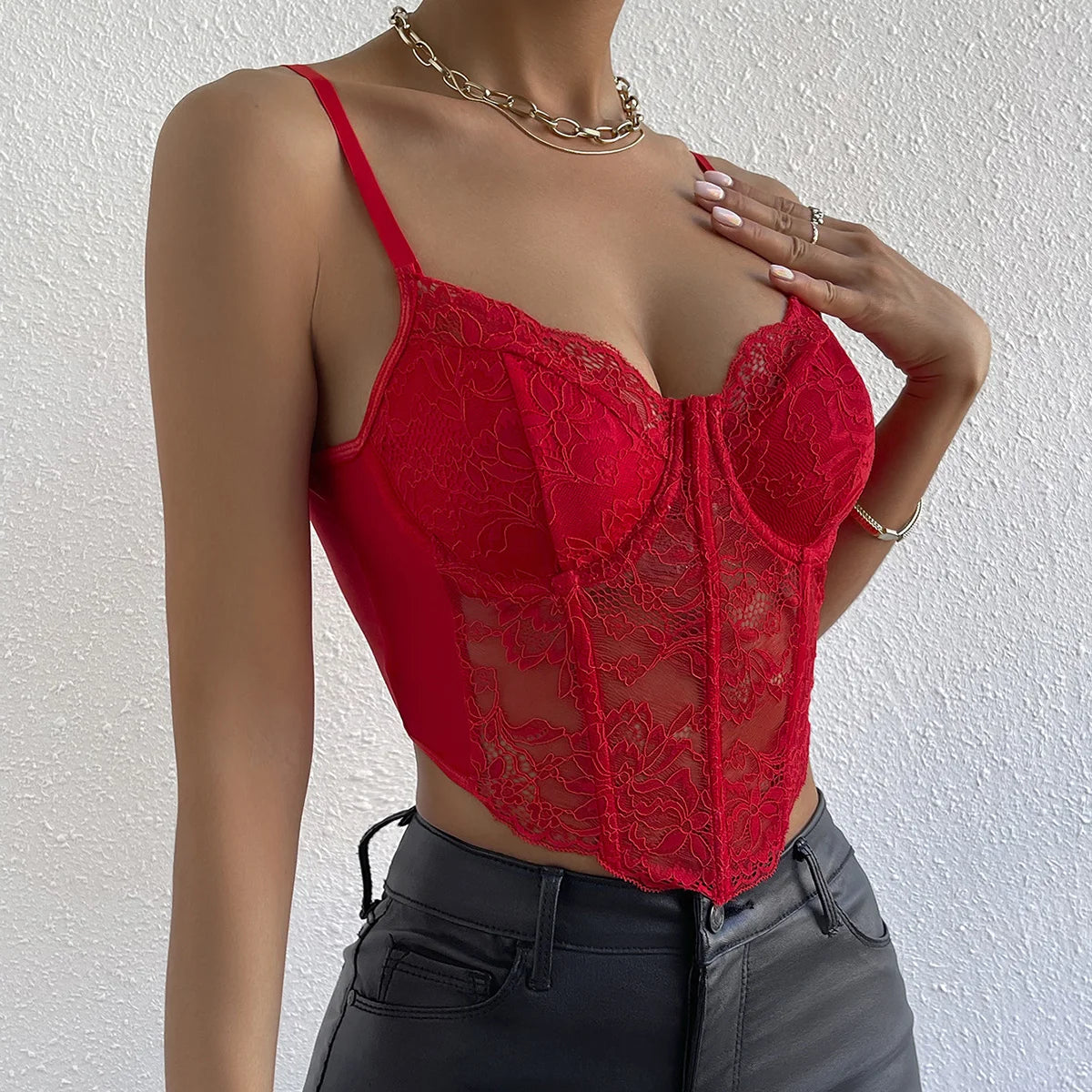 Red Lace Underwire Corset Crop Top Backless V Neck Elegance