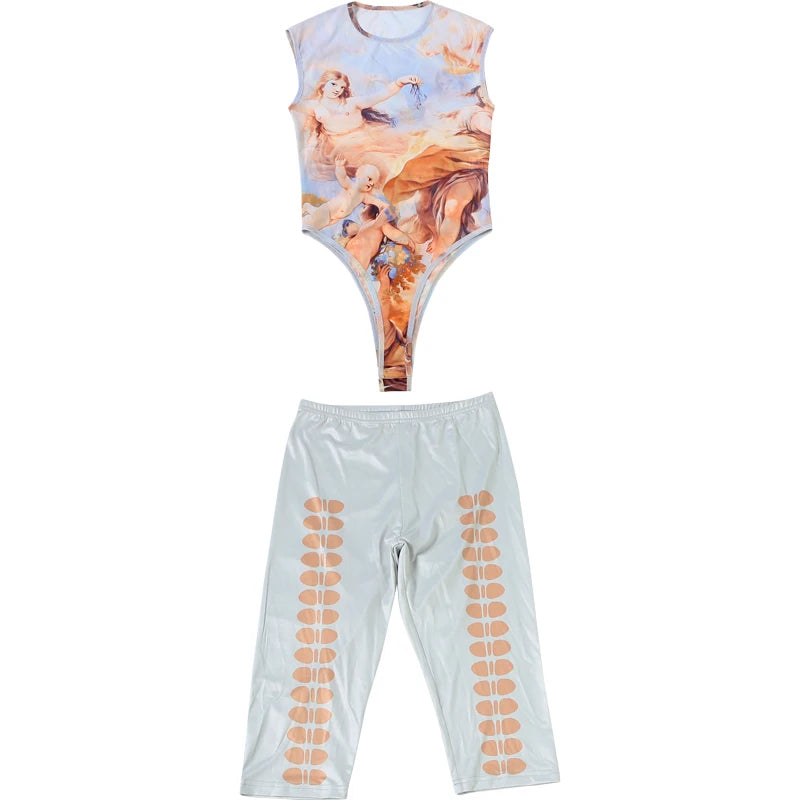 Vibrant Colorful Print Two Piece Summer Set With Sleeveless Bodysuits And Peach Shorts
