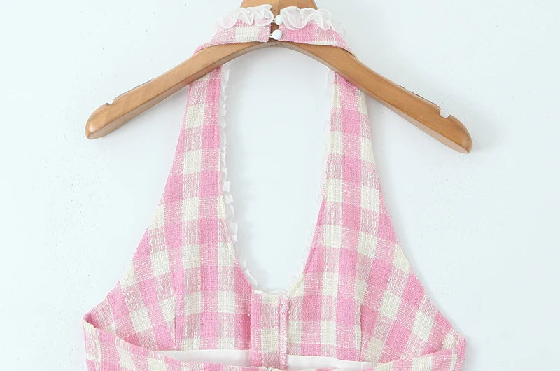 Sweet Plaid Sleeveless Backless Vintage Mini Dress With Halter Neck Slim