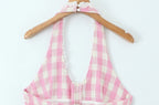Sweet Plaid Sleeveless Backless Vintage Mini Dress With Halter Neck Slim