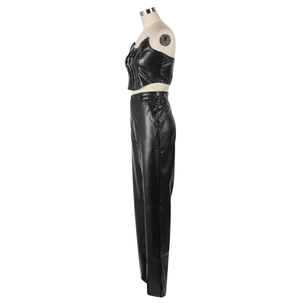 Corset Cutout Cargo Jumpsuit Two Piece Set Sleeveless PU Leather