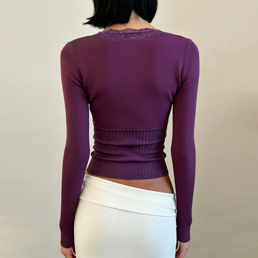Romantic Purple Lace Patchwork Knit Top With Elegant V Neck