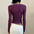 Romantic Purple Lace Patchwork Knit Top With Elegant V Neck