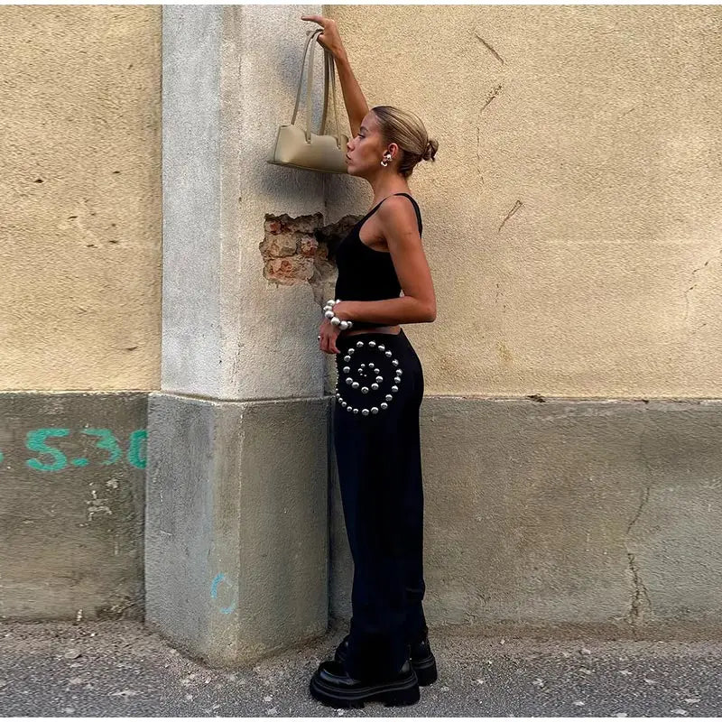 Spiral Rivet Decor Wide Leg Pants With Elastic Waist