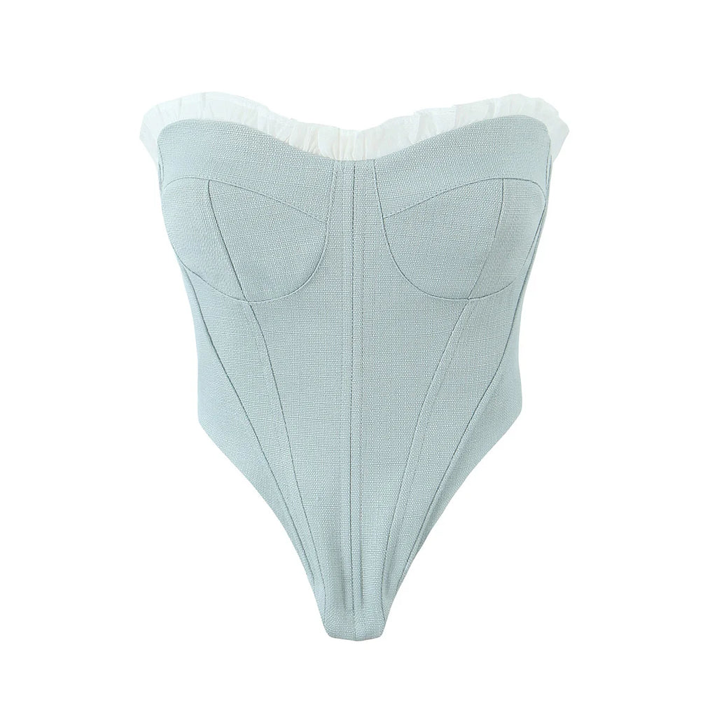 Sultry Gray And White Spliced Corset Crop Top With Fishbone Bodice