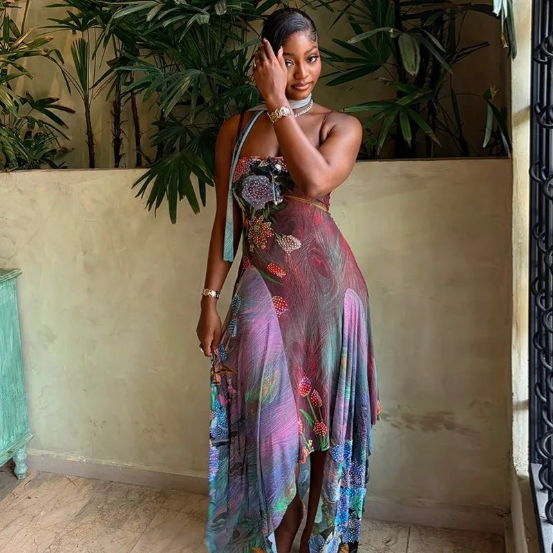Floral Halter Maxi Set With Backless Design