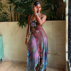 Floral Halter Maxi Set With Backless Design