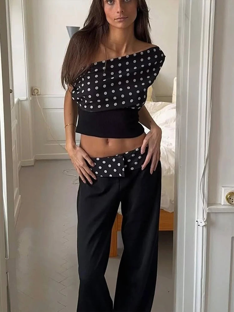 Polka Dot Off Shoulder Crop Top With Skew Collar And Ruched Backless