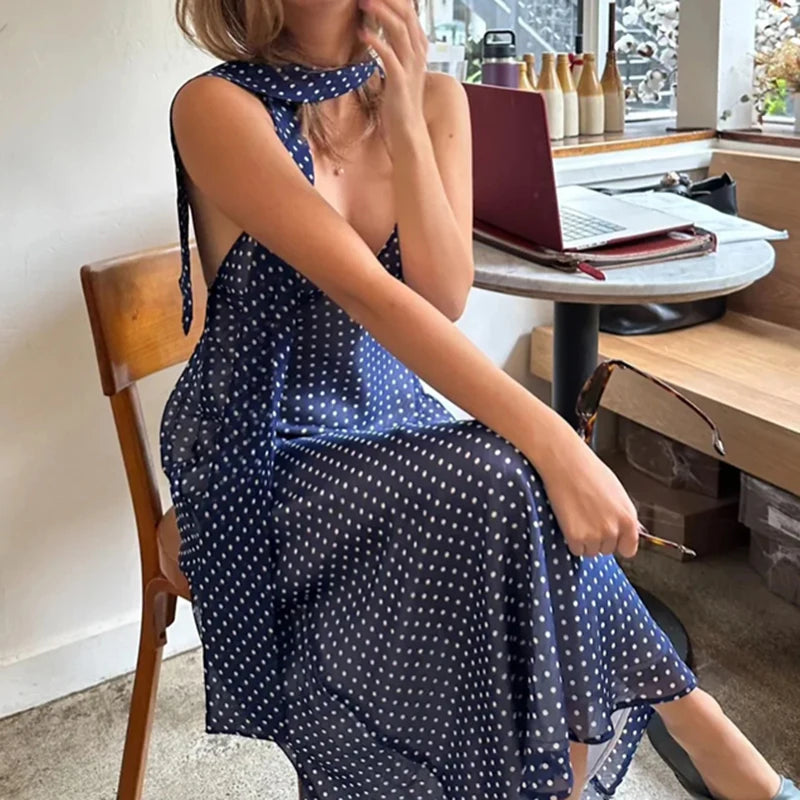 Polka Dot V Neck Maxi Dress With Tie Back And Scarf A Line Silhouette