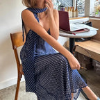 Polka Dot V Neck Maxi Dress With Tie Back And Scarf A Line Silhouette