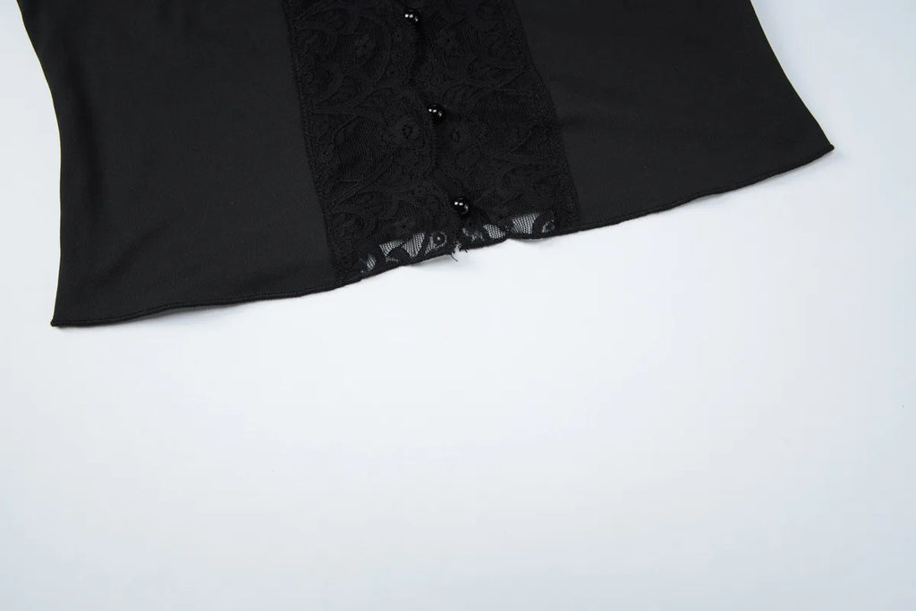 Flirty Lace Sheer V Neck Sleeveless Crop Top With Button Front Slim Fit