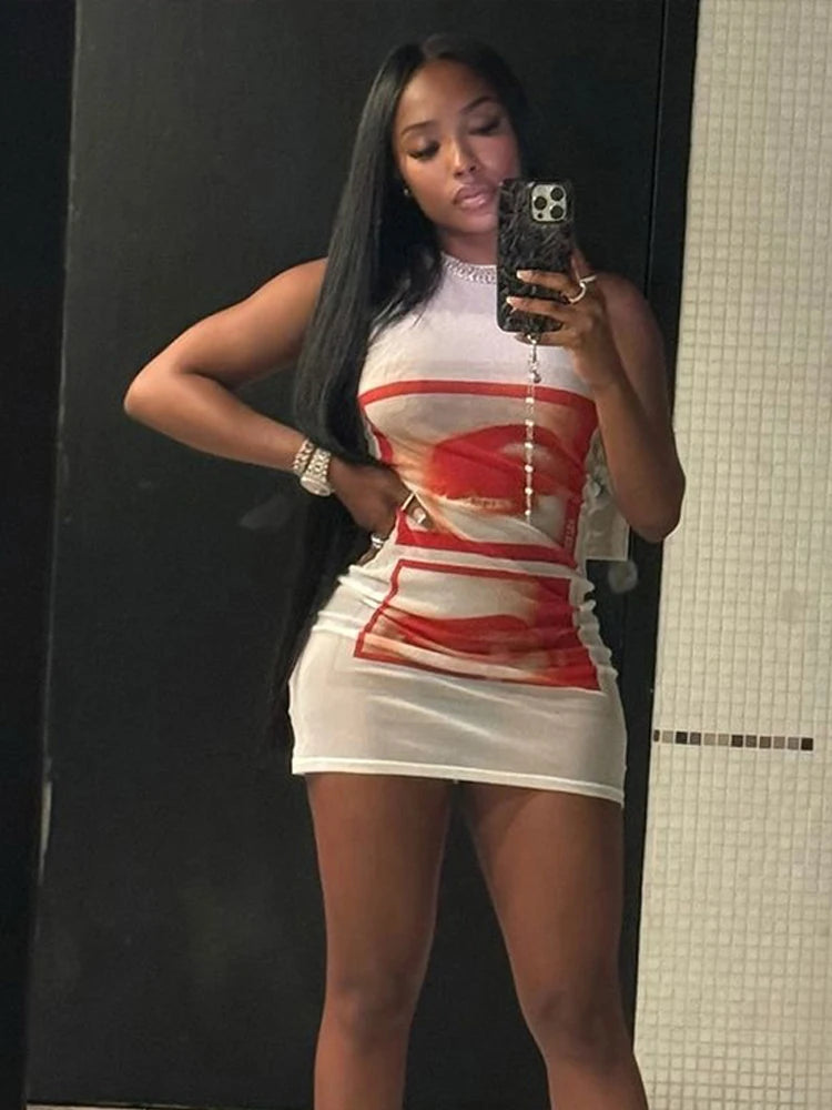 Lip Print Women Long Thin O-neck Sleeveless