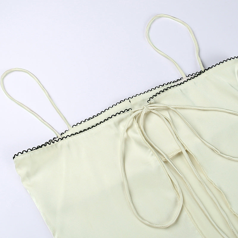 Retro Aesthetic Satin Cami Top With Bowknot Front Spaghetti Straps Cropped