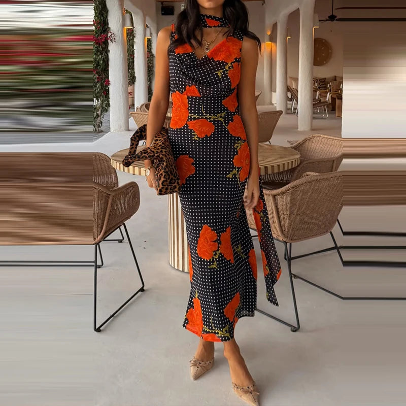 Sexy Halter Cutout Dress With Pleated Hollow Out Details