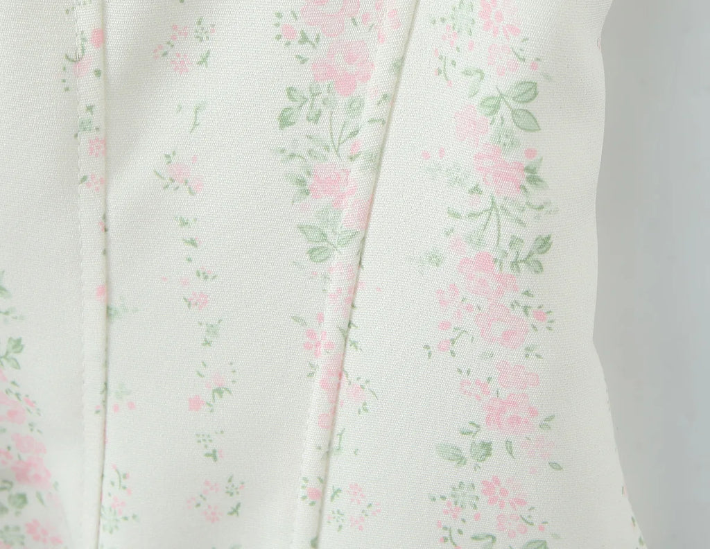 Vintage Sweet Floral Print Mini Dress Set Strapless Crop Top Bodycon Skirts Outfit
