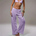Sequined Solid Wide Leg Pants For Women With High Waist Loose Fit Trousers