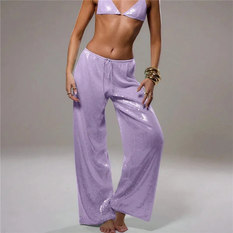 Sequined Solid Wide Leg Pants For Women With High Waist Loose Fit Trousers