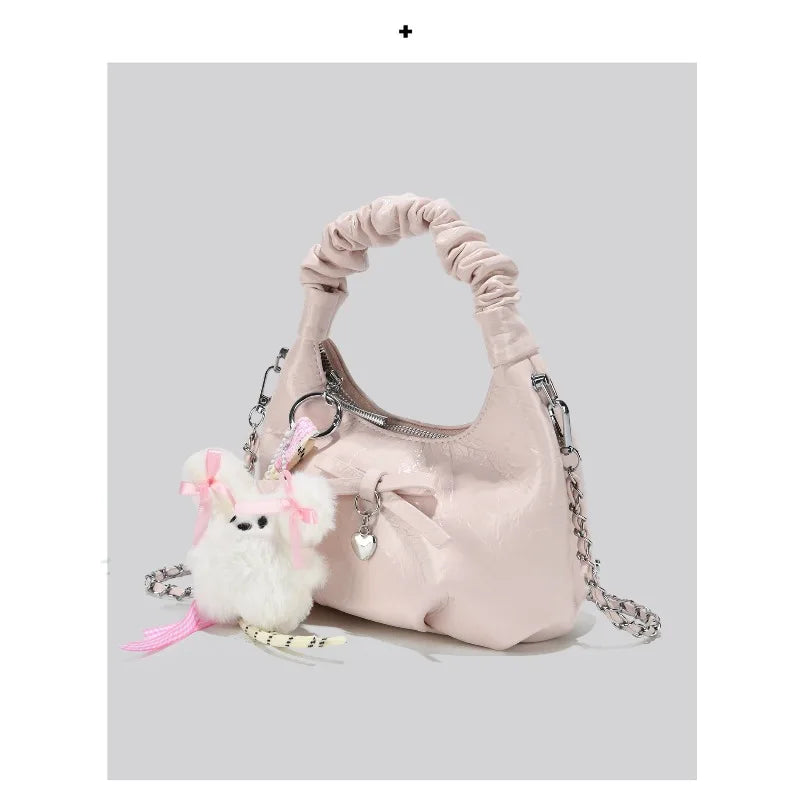 Cloudy Glamour Plush Pendant Shoulder Bag in Glossy Ruched Leather