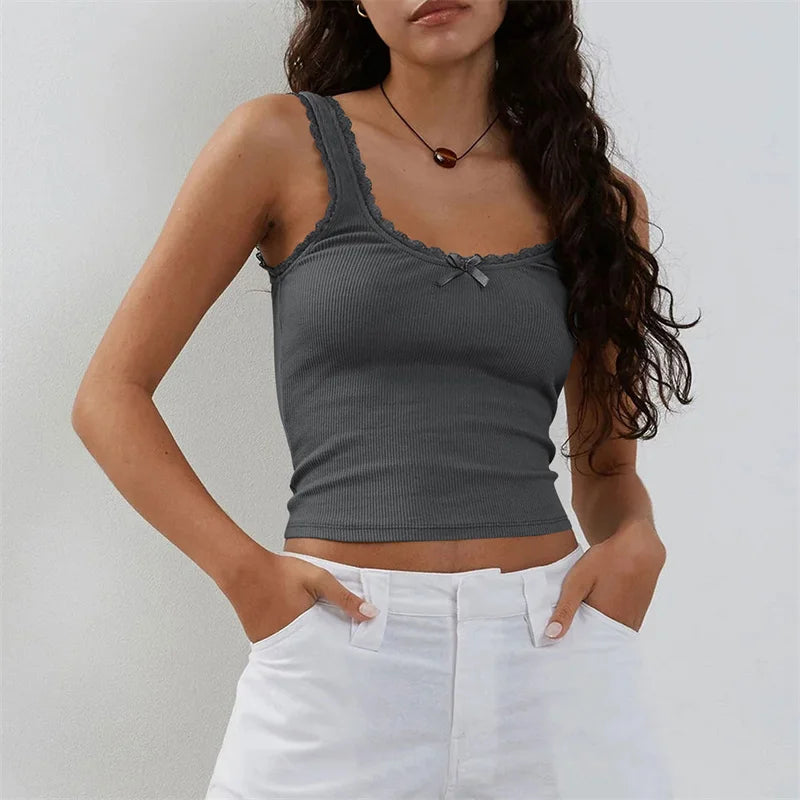 Coquette Lace Trim Knit Crop Top With Bow Sleeveless Square Collar