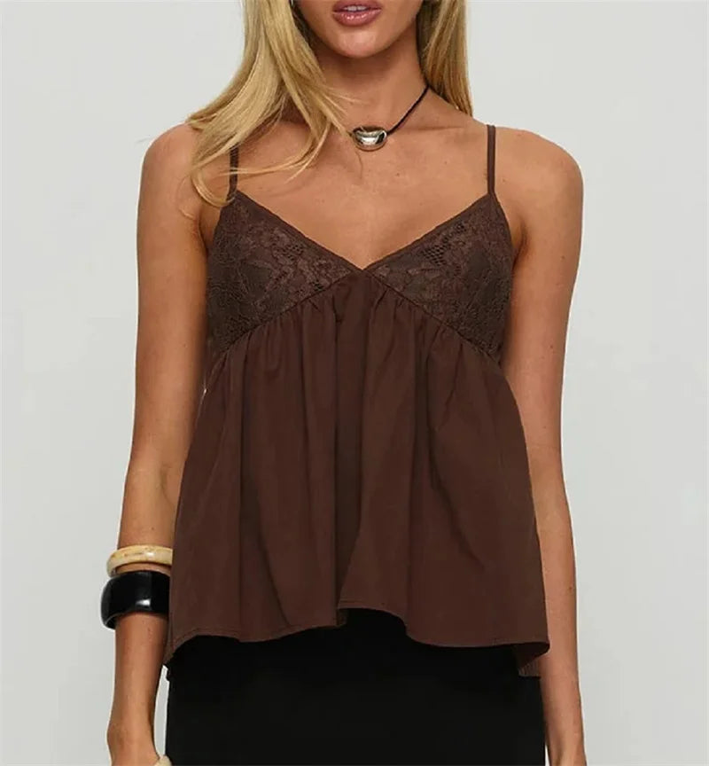Babydoll V Neck Spaghetti Strap Camisoles with Lace Trim Loose Hem