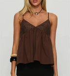 Babydoll V Neck Spaghetti Strap Camisoles with Lace Trim Loose Hem