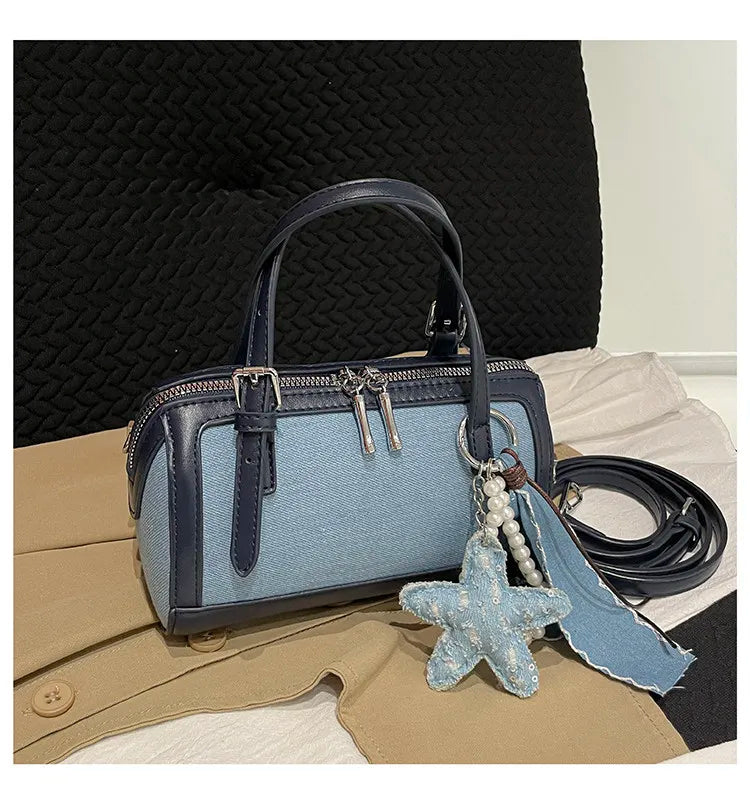 Denim Crossbody Bag With Embroidered Ruched Detailing And Subtle Rivet Accents