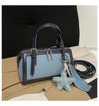 Denim Crossbody Bag With Embroidered Ruched Detailing And Subtle Rivet Accents