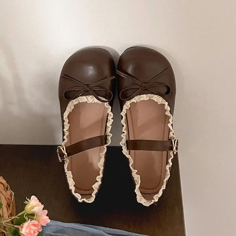 Lolita Inspired Mary Jane Flats With Bow Lace Pu Leather Soft Sole Slip On