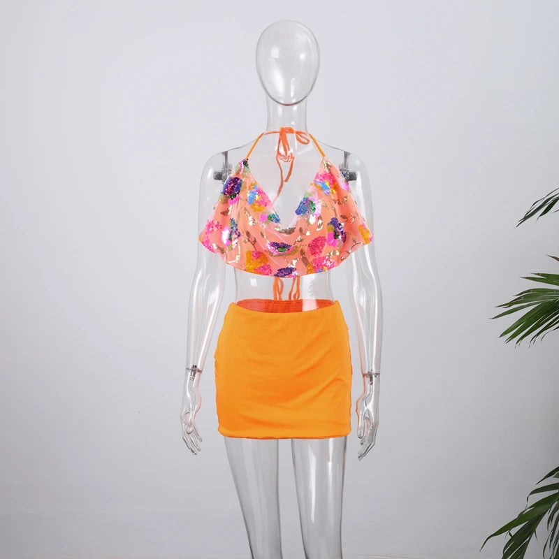 Beaded Sequin Two Piece Set Sleeveless Backless Crop Top And Mini Skirt Glam Outfit