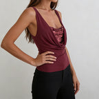 Retro Backless Cowl Neck Sequin Crop Top Sleeveless Square Collar Glam Tank