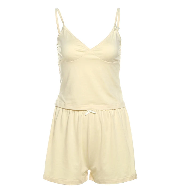 Sexy Bow 2-Piece Set Women Low Chest Backless Camisole+Shorts