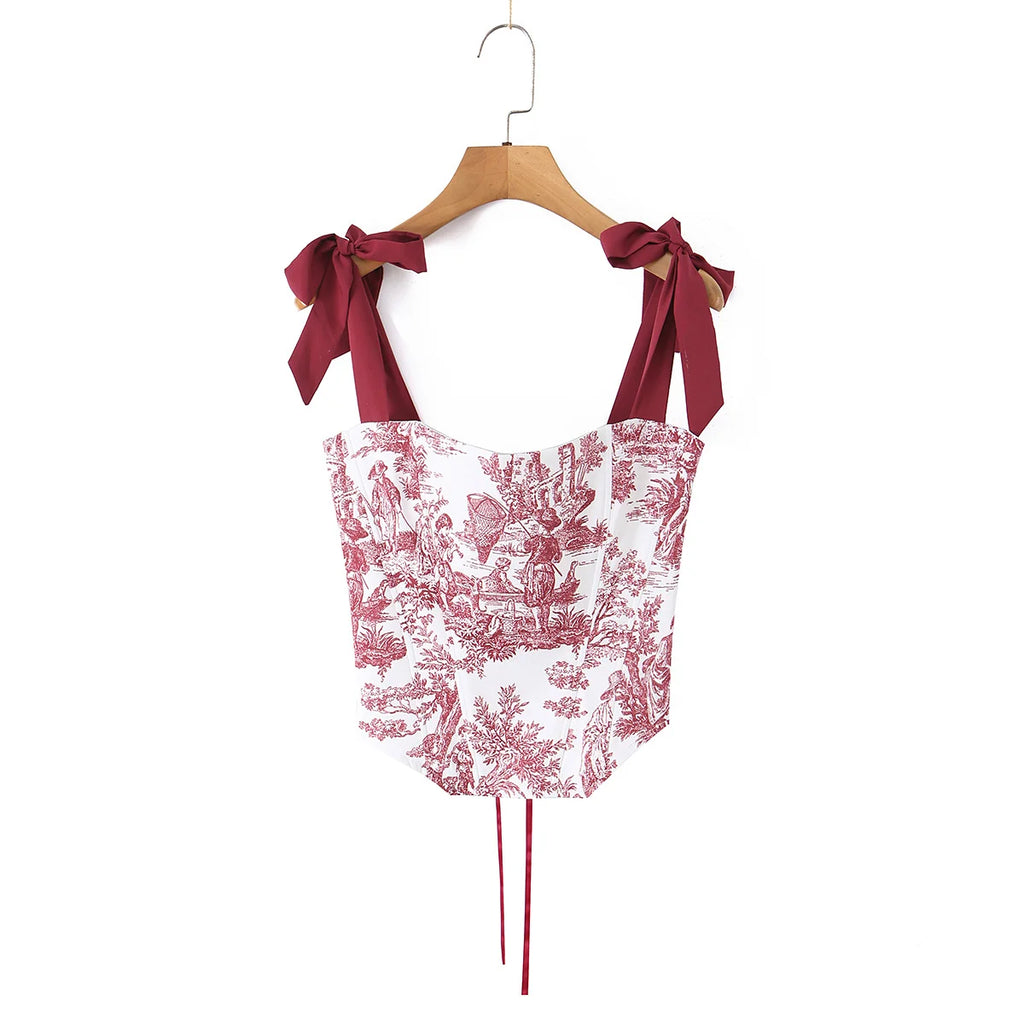Sexy Women's Print Corset Top Bow Tie Straps Lacing Up Back Top