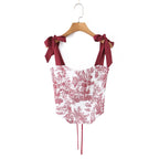 Sexy Women's Print Corset Top Bow Tie Straps Lacing Up Back Top