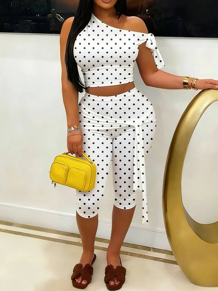 Polka Dot One Shoulder Crop Top Set With Tie Waist Capri Leggings